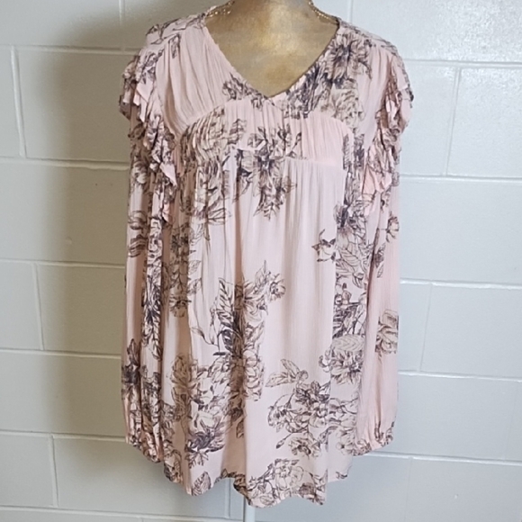 Soft Pink Floral Ruffled Tunic Blouse with Long Blouson Sleeves - Picture 1 of 11